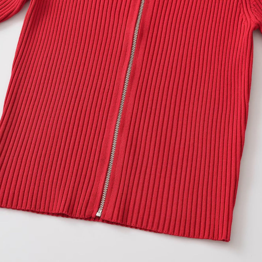 Damen Gerippte kurzärmelige Strickjacke mit durchgehendem Reißverschluss und Polokragen Drune