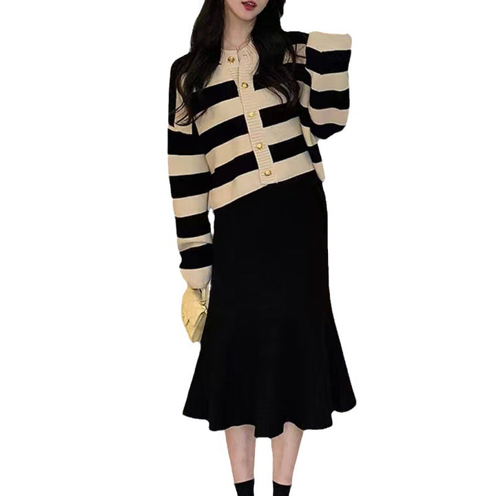 Damen Elegantes Strickjacken-Set mit Kontrastdetails und Knopfverschluss Drune