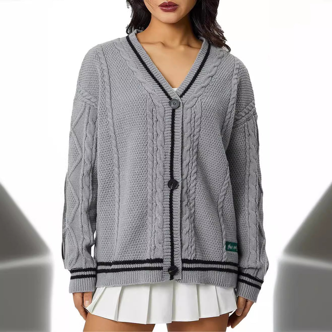 Damen Grobstrick-Cardigan mit dekorativen Sternen und kontrastierendem Bund Drune
