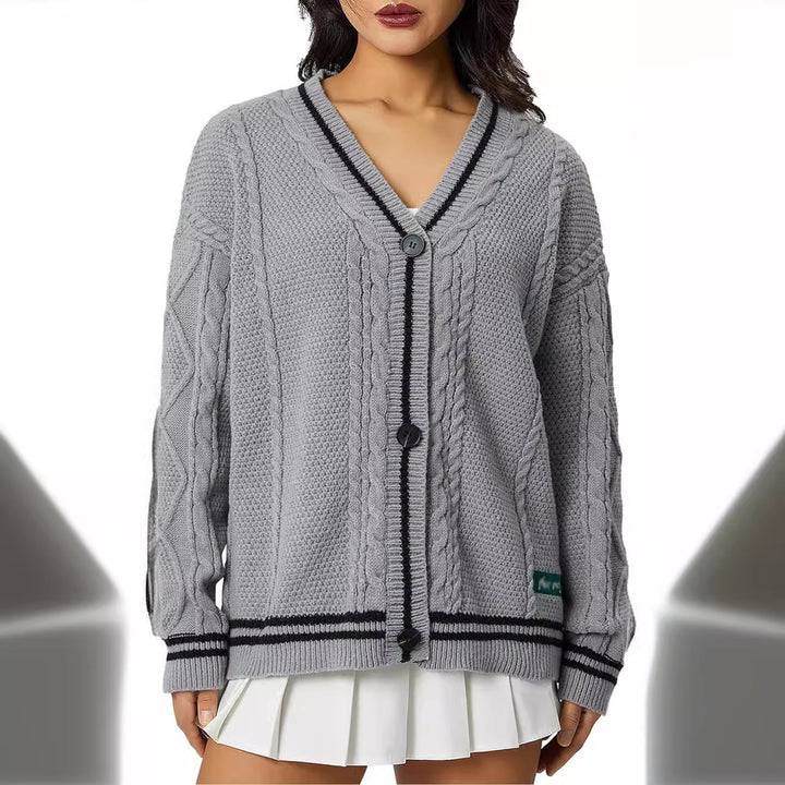 Damen Grobstrick-Cardigan mit dekorativen Sternen und kontrastierendem Bund Drune