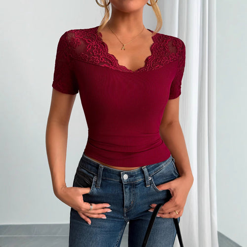 Damen Spitzen-Crop-Top mit elegantem Rundhalsausschnitt Drune