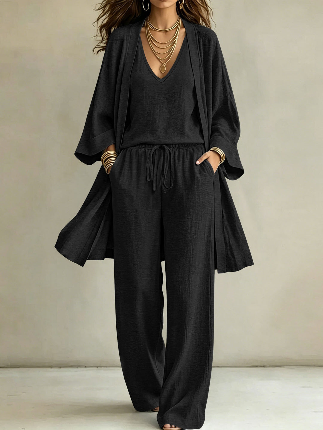 Damen Leichtes Lounge-Set mit Kimono-Cardigan, V‑Ausschnitt-Top und weitem Kordelbund-Hose Drune