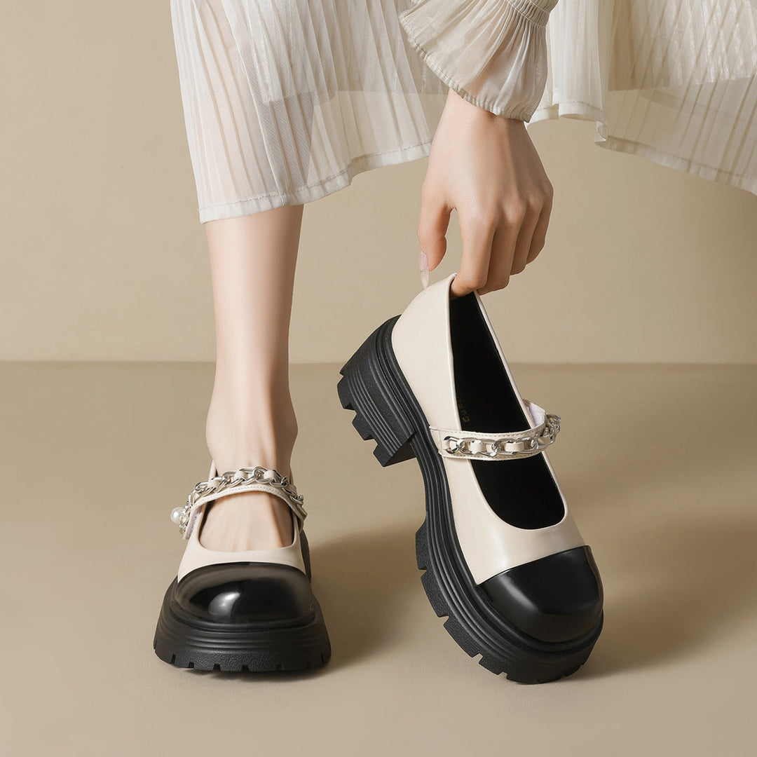 Damen elegante Mary-Jane Schuhe mit modischer Kettenverzierung Drune