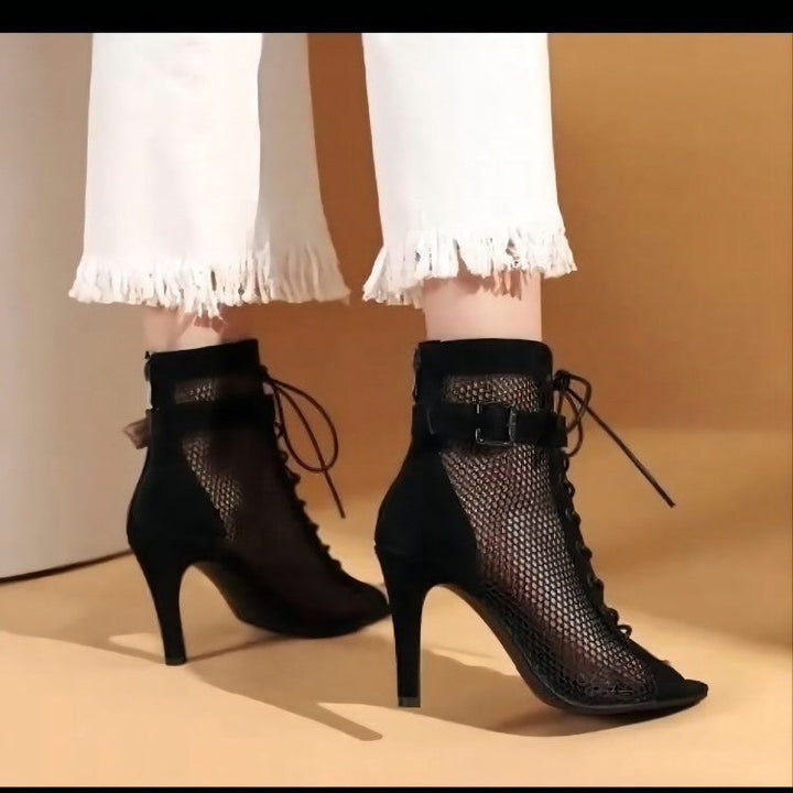 Damen Schnür-Stiletto-Sandalen mit Mesh-Einsatz und eleganter Schnallenverzierung Drune