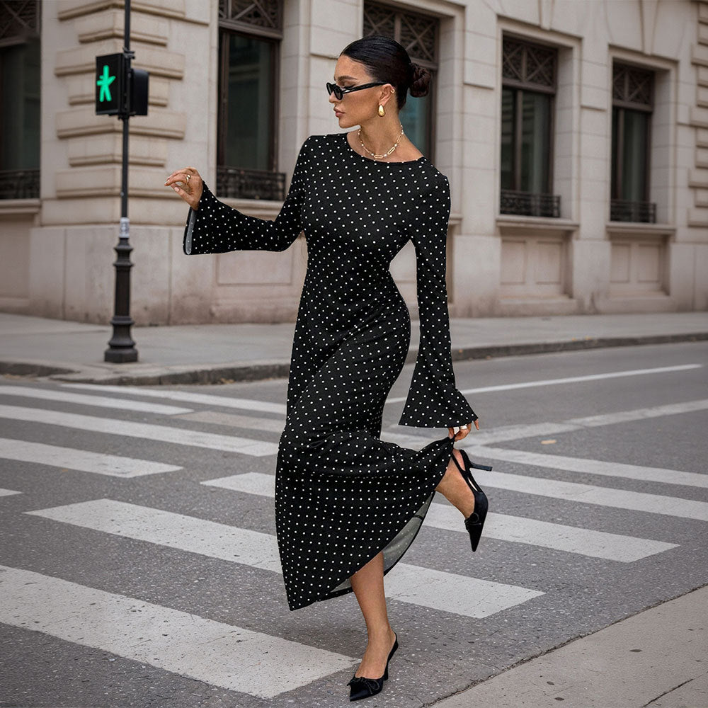 Damen elegantes Polka‑Dot Maxikleid mit tailliertem Oberteil, Trompetenärmeln und fließendem A‑Linien‑Rock Drune