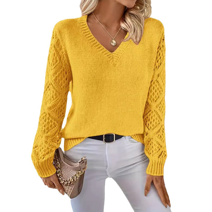 Damen Eleganter Strickpullover mit V-Ausschnitt und gehäkelten Ärmeln Drune