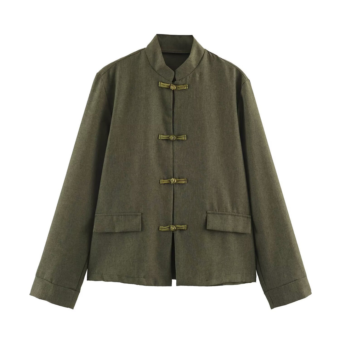 Damen Boxy Leinenblend-Jacke mit Stehkragen und chinesischen Knebelverschlüssen Drune