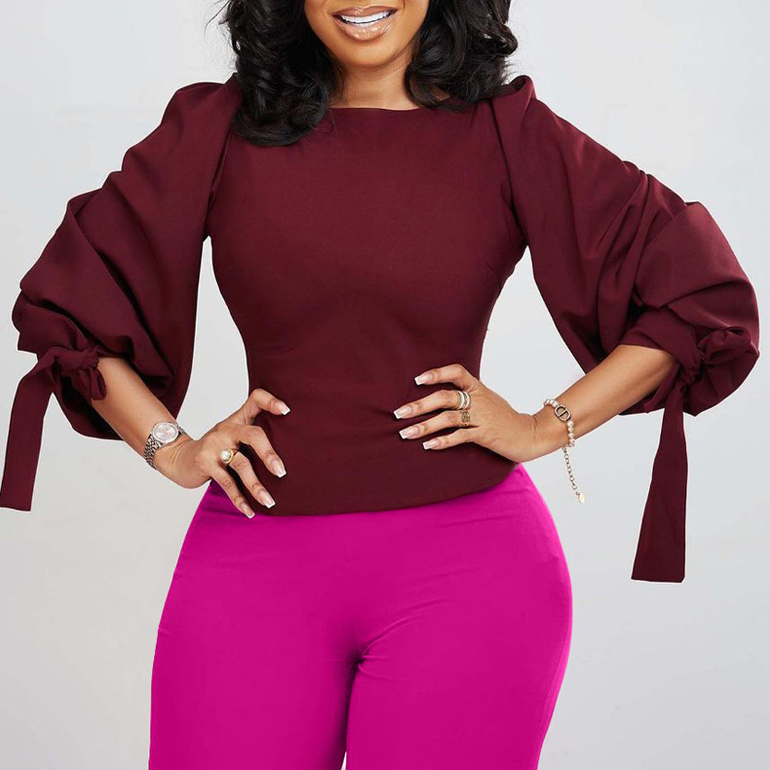 Damen modische Bluse mit Taillenband und Puffärmeln Drune