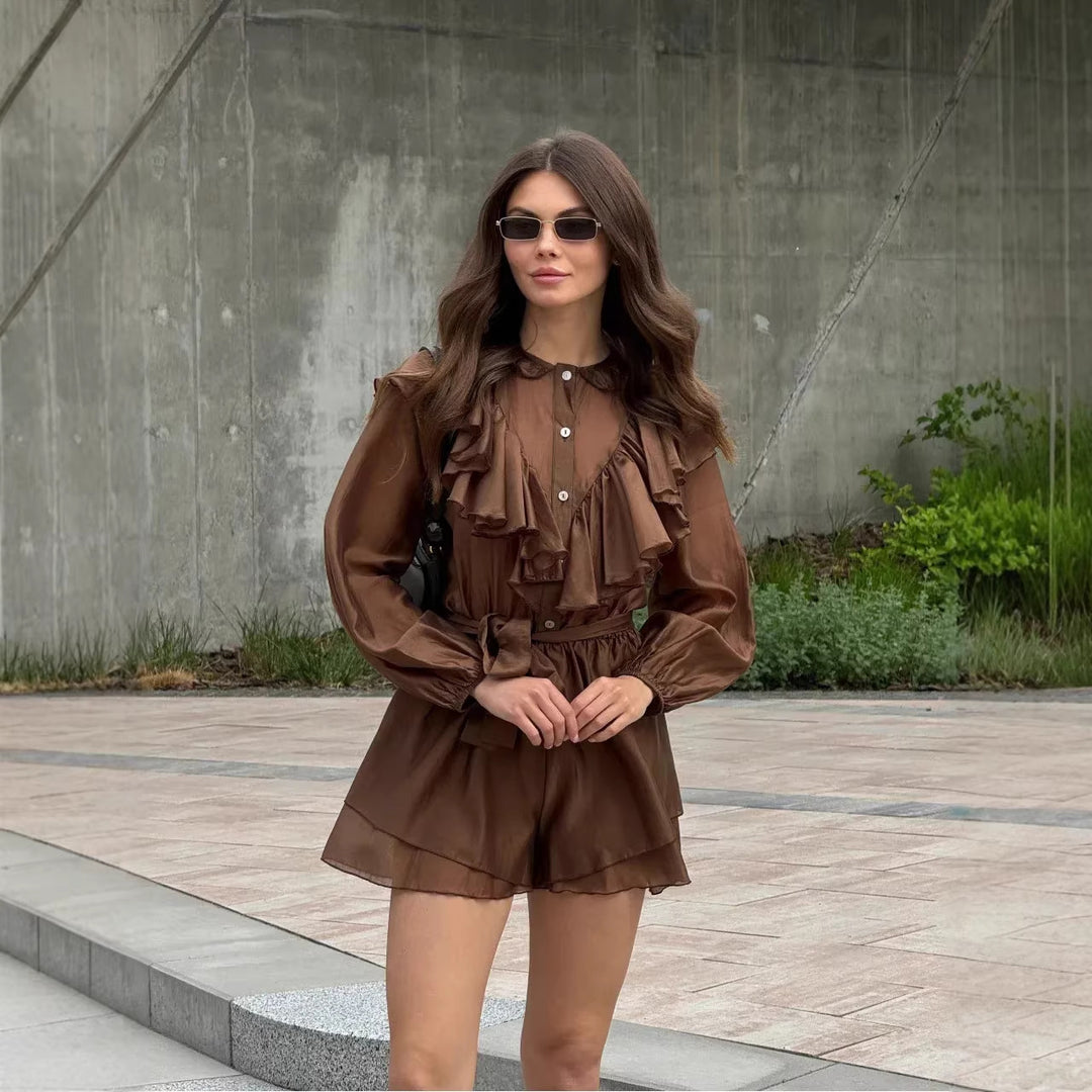 Damen stilvolles Chiffon-Set mit Rüschendetails und Taillengürtel Drune