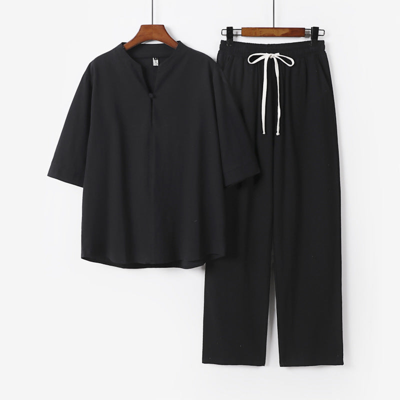 Unisex Lockeres Lounge-Set mit Stehkragen-Halbarmshirt und Elastischer Bundhose Drune