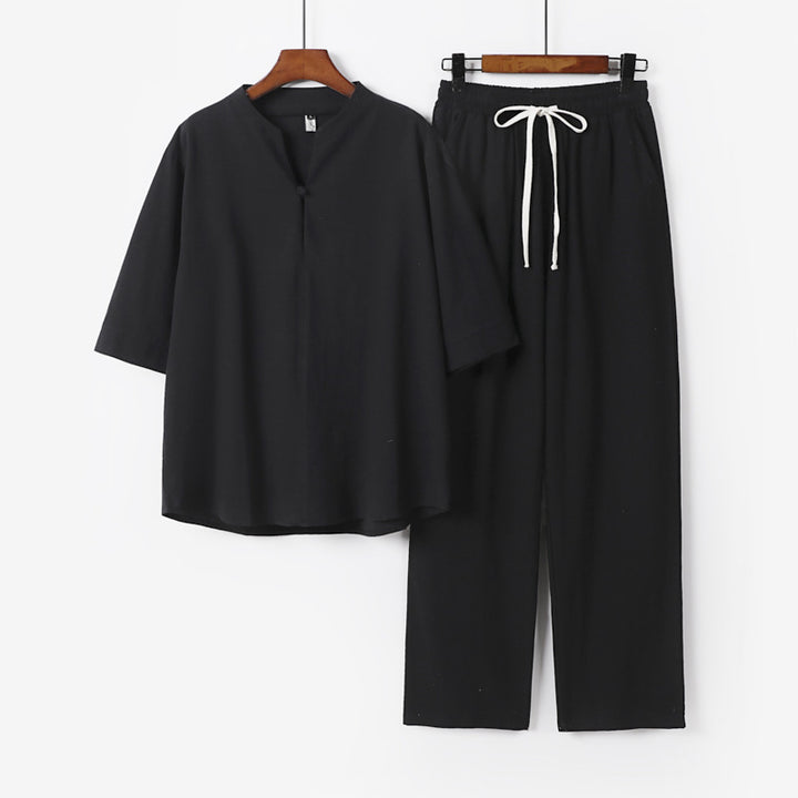 Unisex Lockeres Lounge-Set mit Stehkragen-Halbarmshirt und Elastischer Bundhose Drune