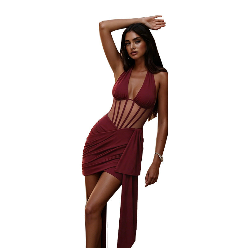 Damen verführerisches Bodycon-Kleid mit tiefem V-Ausschnitt und Rüschendetail Drune