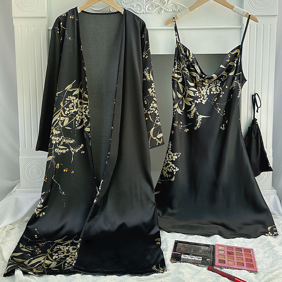 Damen Satin-Kimono und Nachthemd-Set mit floralem Design Drune