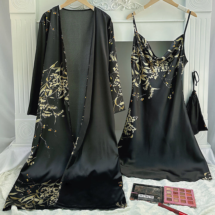 Damen Satin-Kimono und Nachthemd-Set mit floralem Design Drune