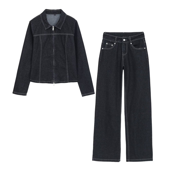 Damen High-Waist Jeanshose mit weitem Bein und Kontrastnähten Drune