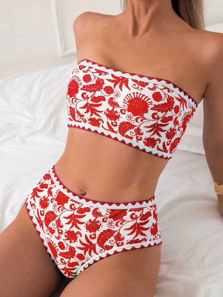 Damen Bandeau-Bikini-Set mit farbenfrohem floralen Muster und elastischem Gürtel Drune