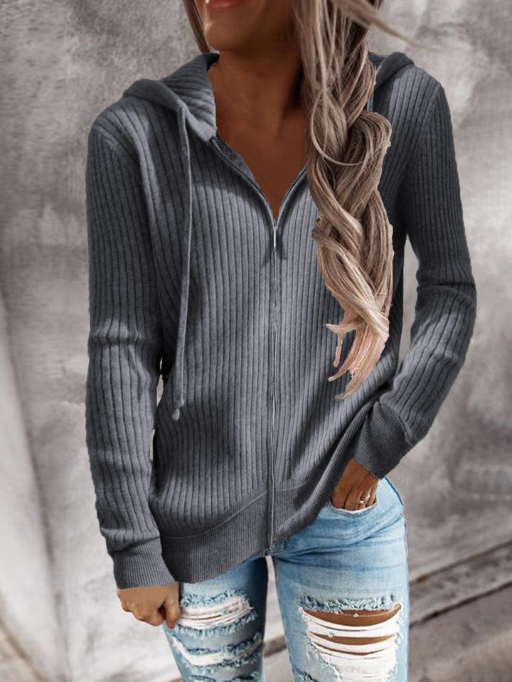 Damen Gerippter Kapuzenpullover mit Reißverschluss und Eingrifftaschen Drune