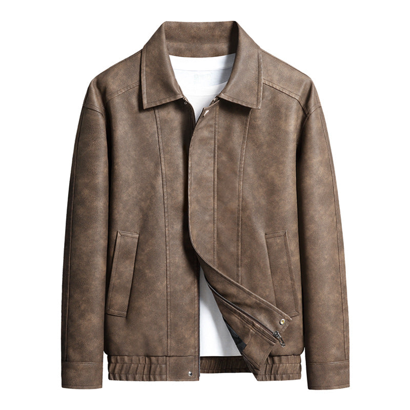 Herren Kurz geschnittene Kunstlederjacke im Vintage‑Look mit Hemdkragen & durchgehendem Reißverschluss Drune