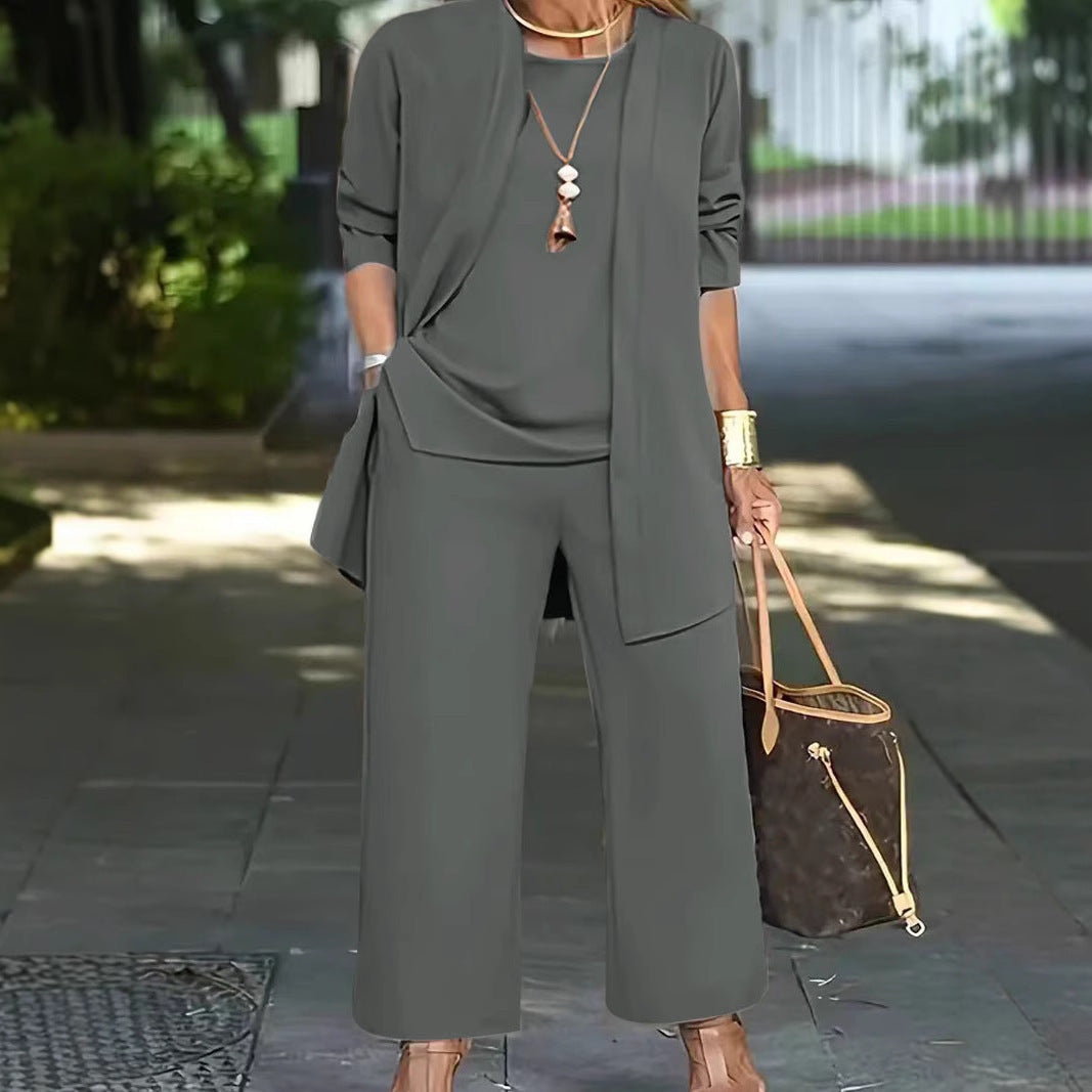 Damen Elegantes Zweiteiler-Set mit offenem Longcardigan, ärmellosem Top und weiter Palazzo-Hose Drune