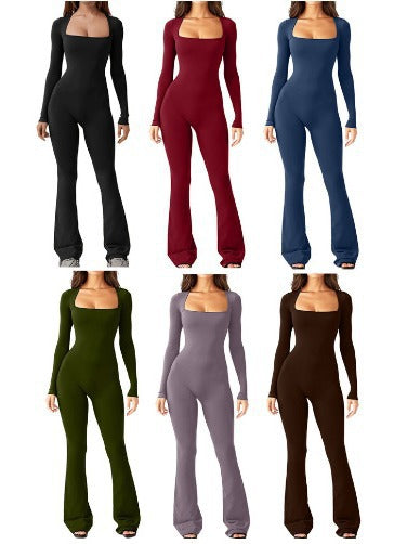 Damen Figurbetonter Jumpsuit mit langem Arm und quadratischem Ausschnitt Drune