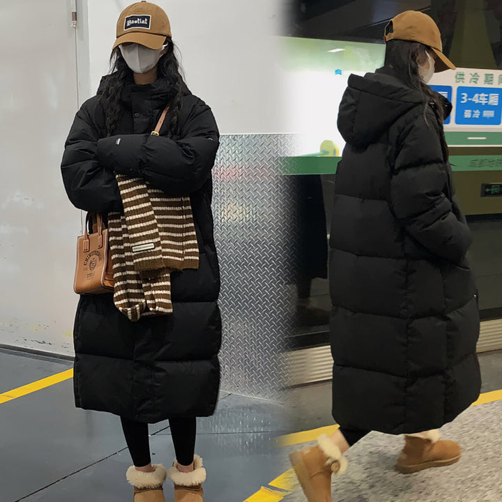 Damen Lange Steppjacke mit Kapuze und hohen Kragen Drune