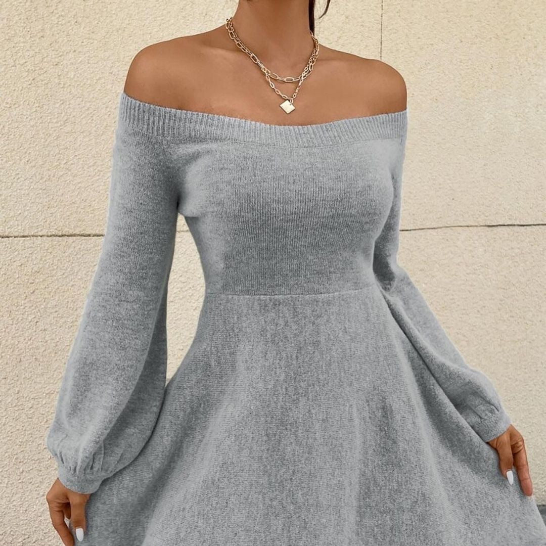 Damen Schulterfreies Feinstrick-Kleid mit taillierter Passform und Ballonärmeln Drune
