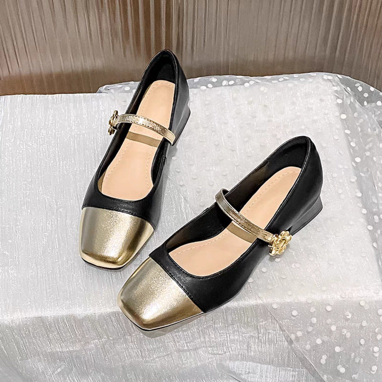 Damen elegante Ballerinas mit geschwungenem Riemen und glänzender Zehenkappe Drune