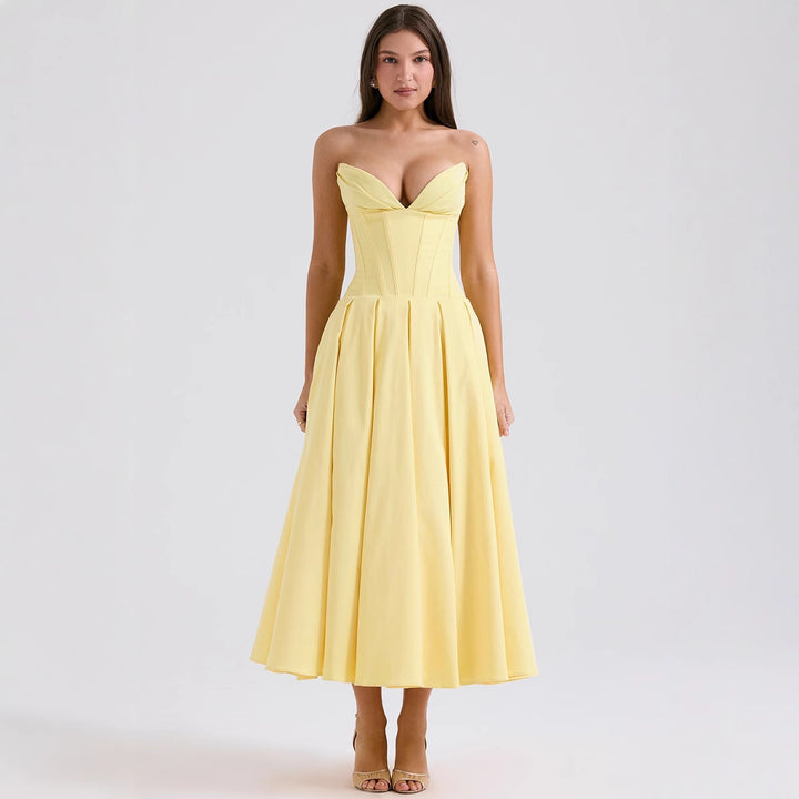 Damen nan trägerloses Korsett-Midikleid mit vorgeformter Miederkonstruktion und ausgestelltem Tellerrock Drune