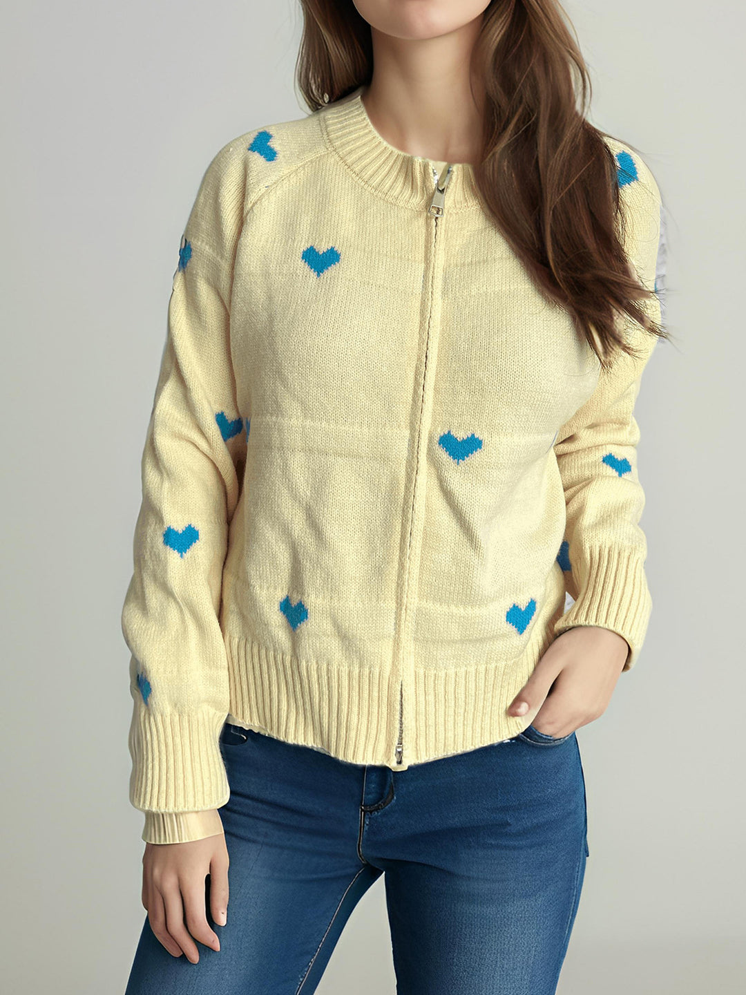 Damen modischer Strickcardigan mit Herzmuster und Reißverschluss Drune