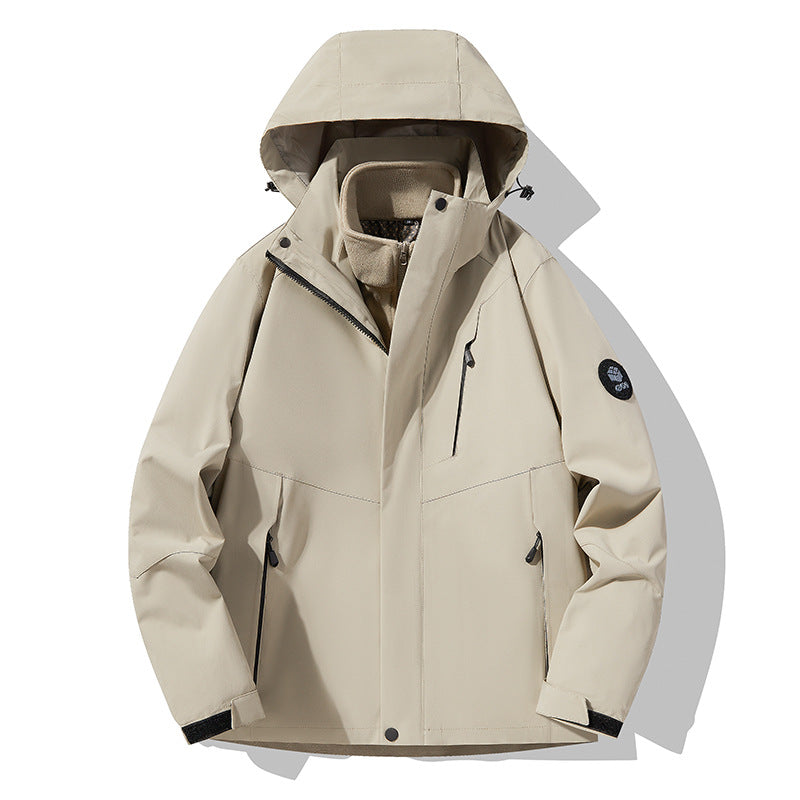 Herren dreilagige atmungsaktive Softshell-Trekkingjacke mit integriertem Fleecekragen und verstellbarer Kapuze Drune