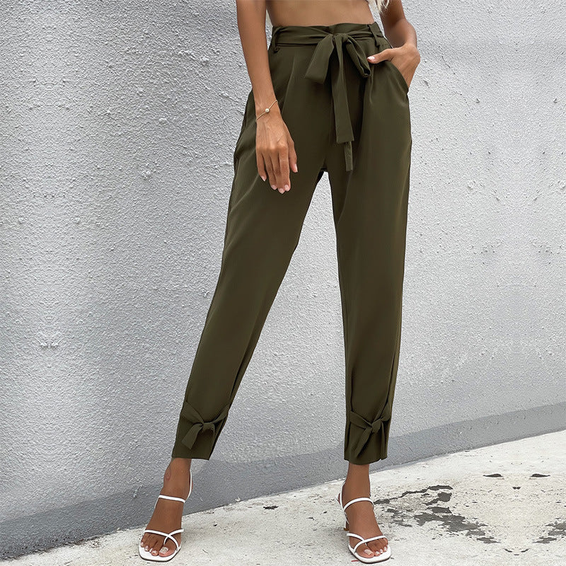 Damen Paperbag-Hose mit Bindegürtel, lockerer Taillenbund und Knoten-Detail am Bein Drune