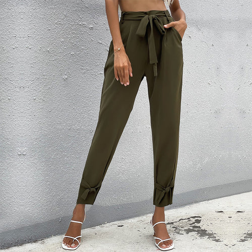 Damen Paperbag-Hose mit Bindegürtel, lockerer Taillenbund und Knoten-Detail am Bein Drune