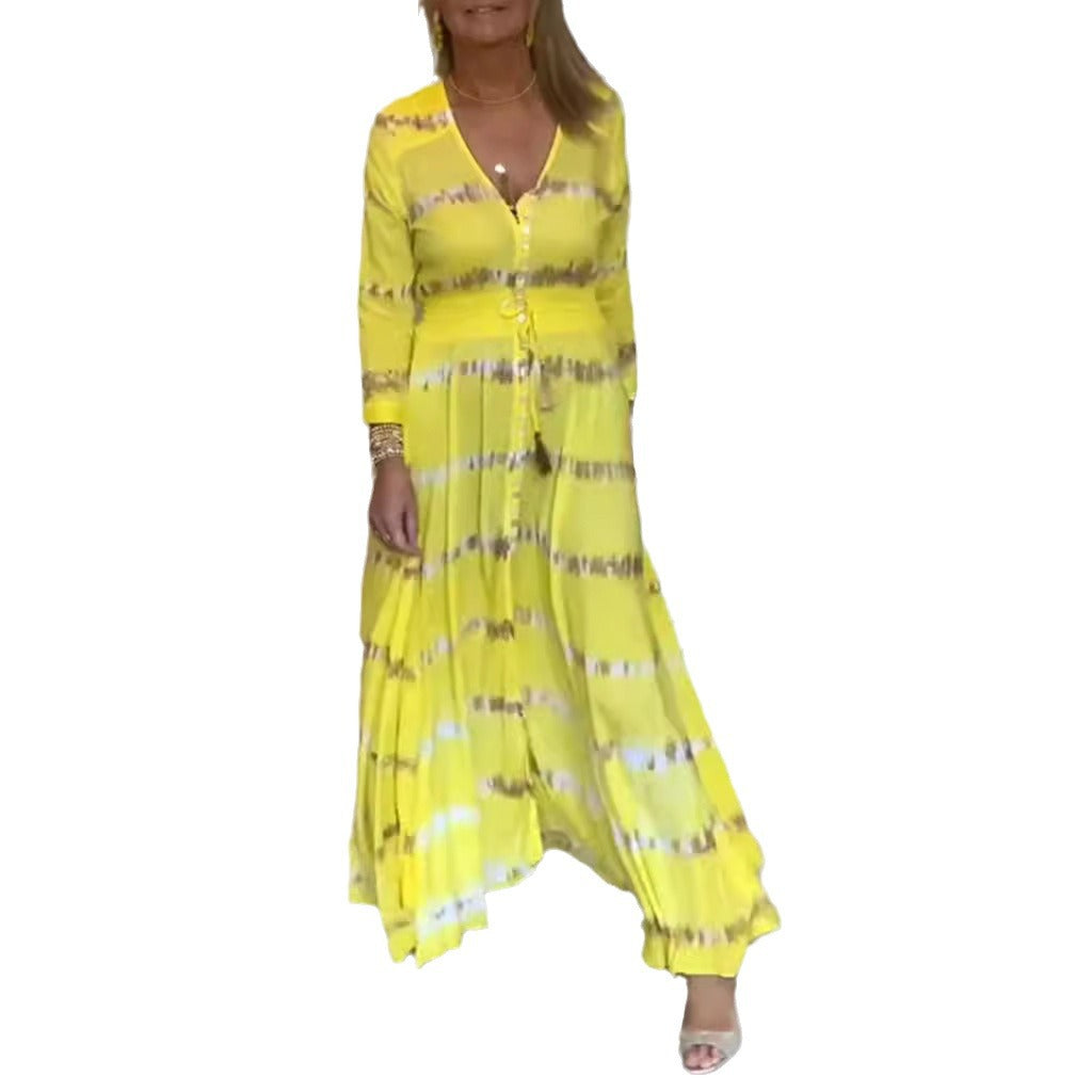 Damen nan fließendes Maxikleid mit V-Ausschnitt, durchgehender Knopfleiste, taillierendem Quastenband und plissiertem Rock Drune