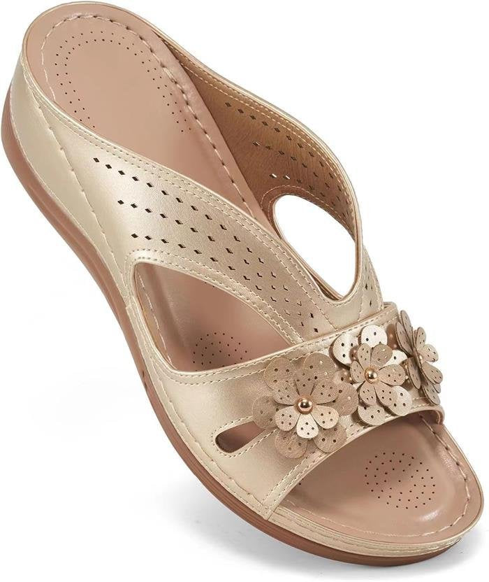 Damen Bequeme Pantoletten mit Blumenapplikation und orthopädischer Dämpfung Drune
