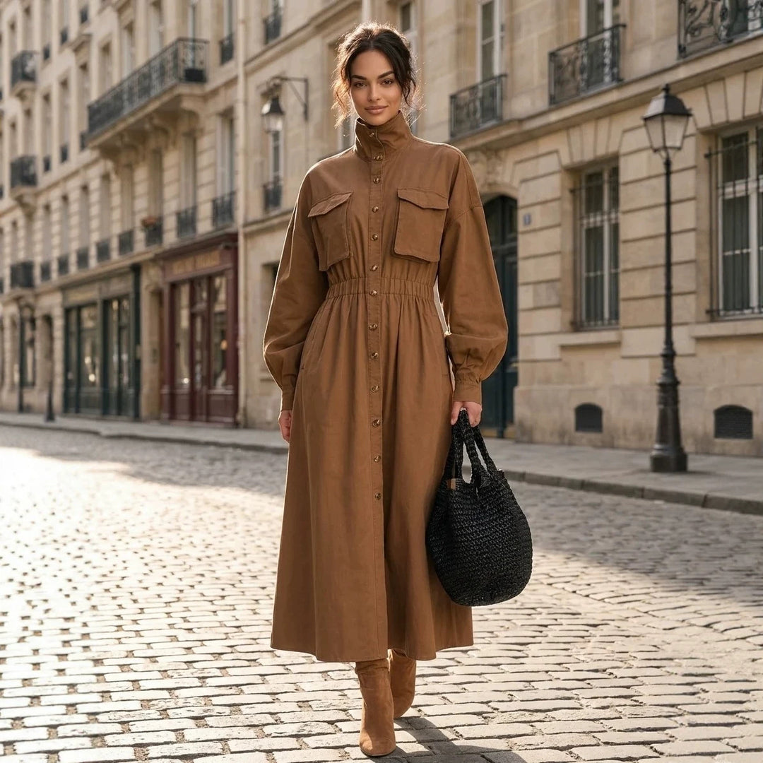 Damen Elegantes Hemdkleid mit Taschen und Taillengürtel Drune