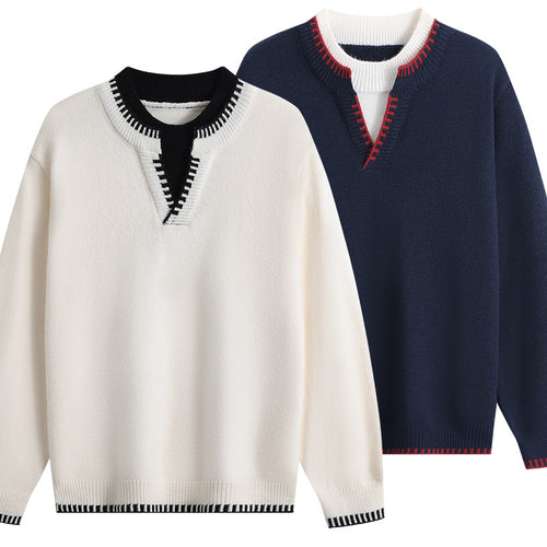 Unisex Oversize-Feinstrickpullover mit V-Notch & kontrastiertem Rippenkragen Drune