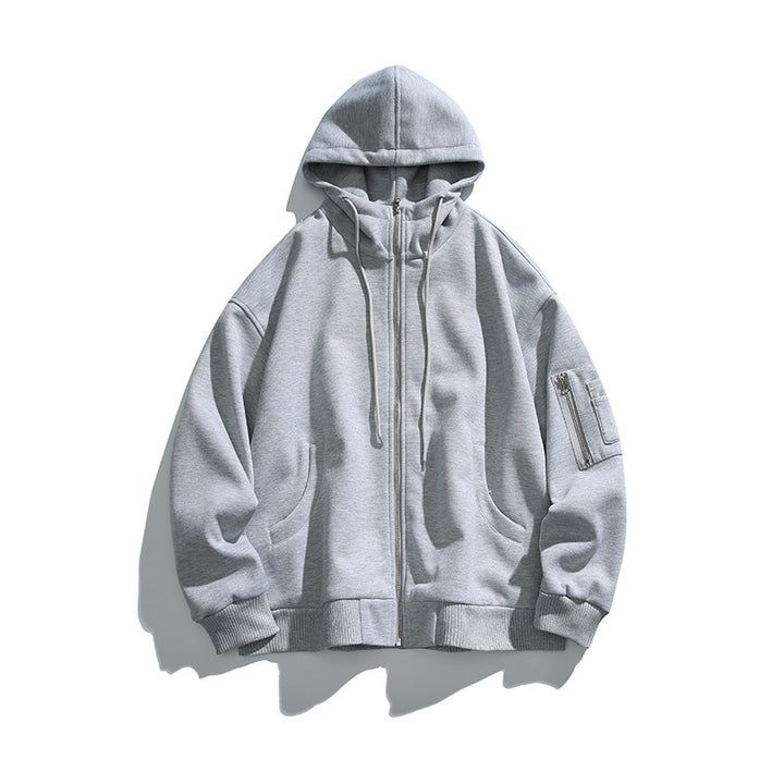 Unisex Oversize-Kapuzenjacke mit Frontreißverschluss, Ärmeltasche und geripptem Saum Drune