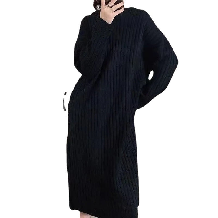 Damen längerer Strickpullover mit Kapuze und feiner Rippstruktur Drune