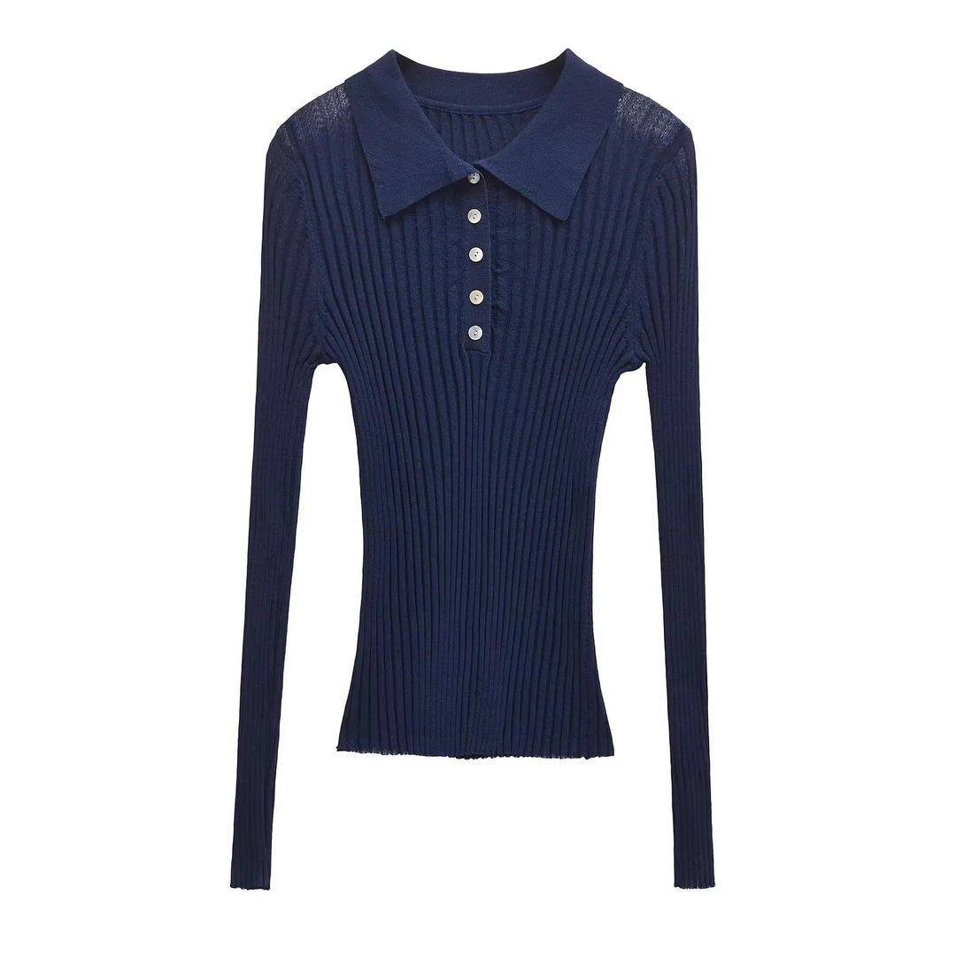 Damen Langarm Polo-Shirt mit eleganter Rippstruktur und Knopfleiste Drune