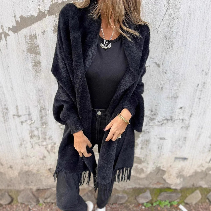 Damen nan langer kuscheliger Fransen-Cardigan mit Schalkragen und Oversize-Passform Drune