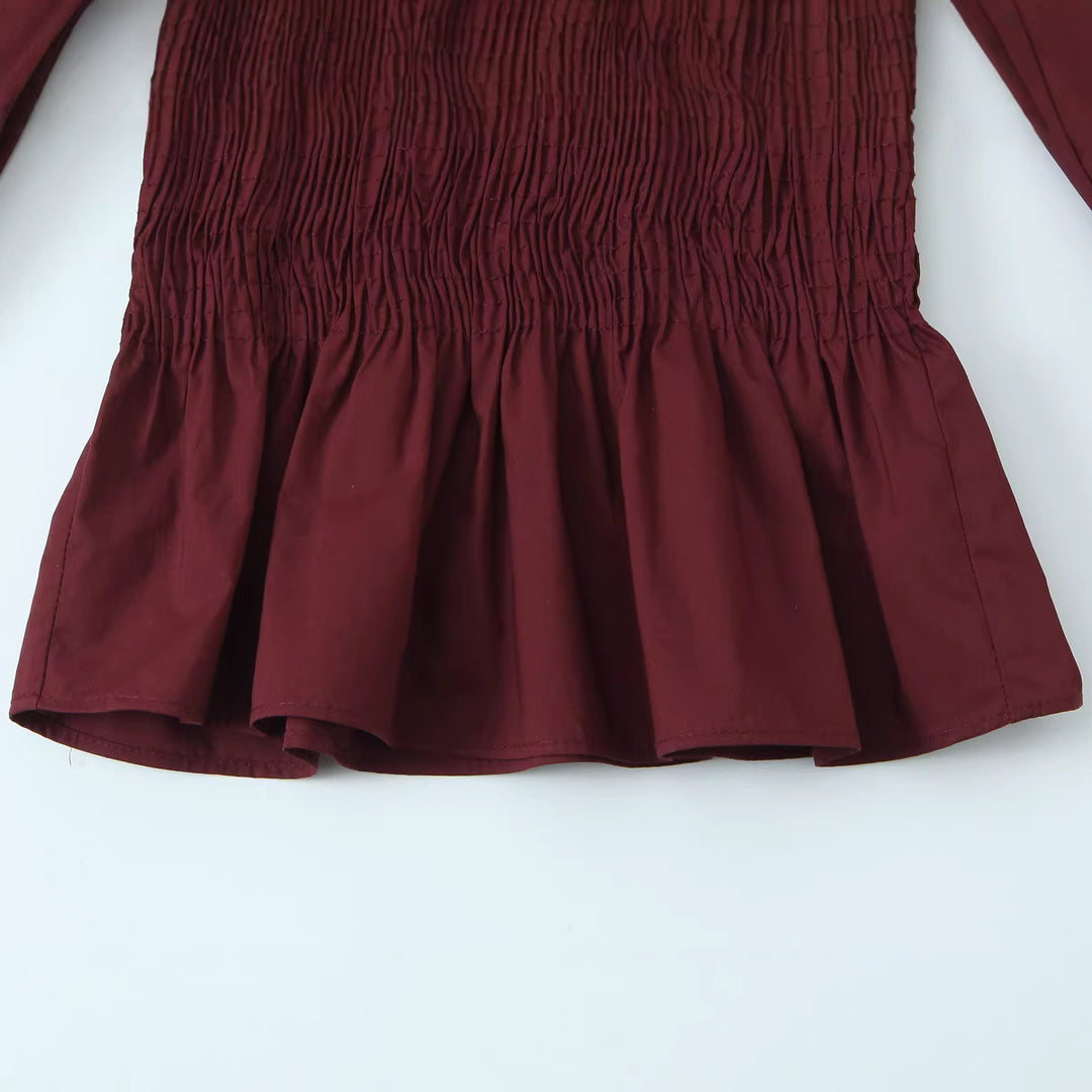 Damen Gesmokte Bluse mit Rüschenkragen und Volant-Peplum Drune