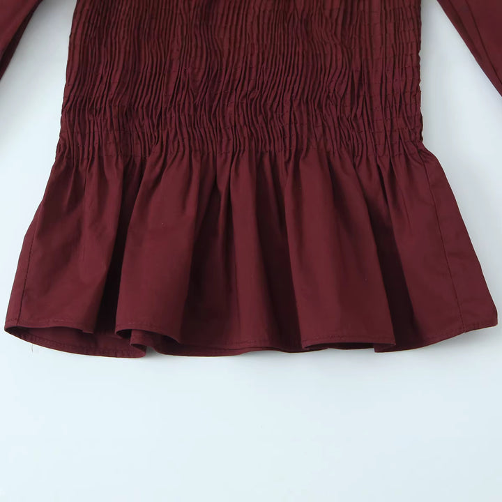 Damen Gesmokte Bluse mit Rüschenkragen und Volant-Peplum Drune