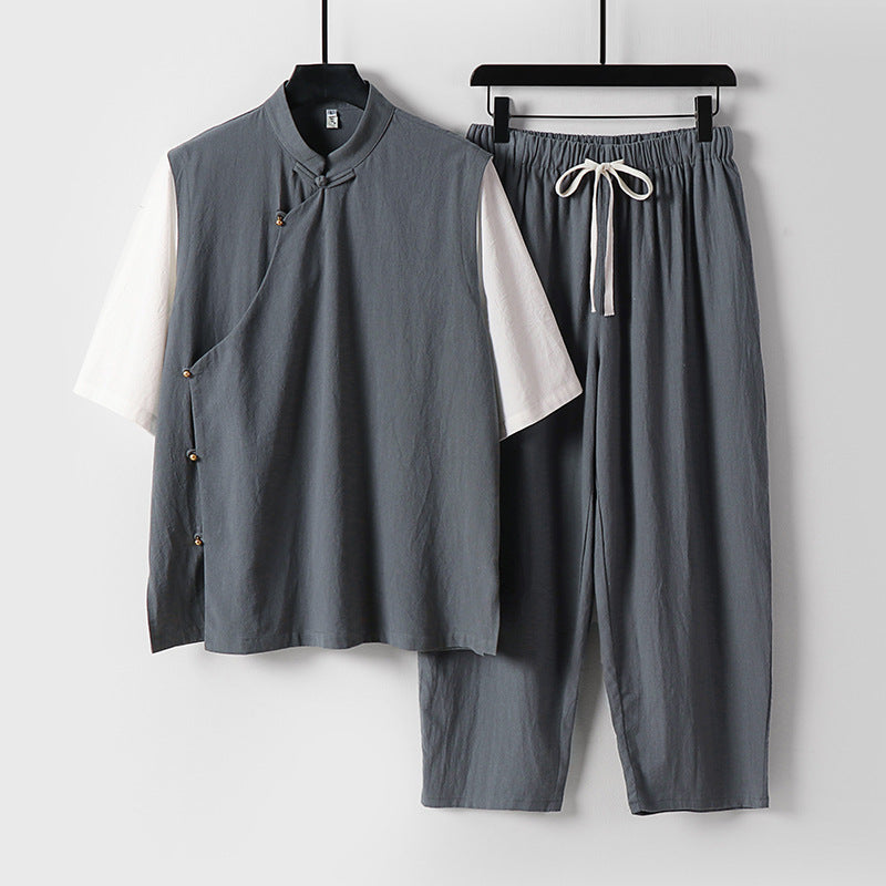 Herren Asymmetrisches Kimono-Loungewear-Set mit Stehkragen und Kordelhose Drune