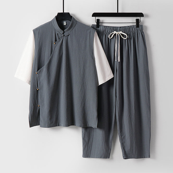 Herren Asymmetrisches Kimono-Loungewear-Set mit Stehkragen und Kordelhose Drune