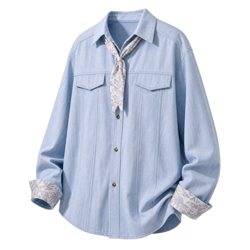Damen Oversize-Chambray-Hemdbluse mit Ziernähten, Brustklappen & integriertem Halstuch Drune