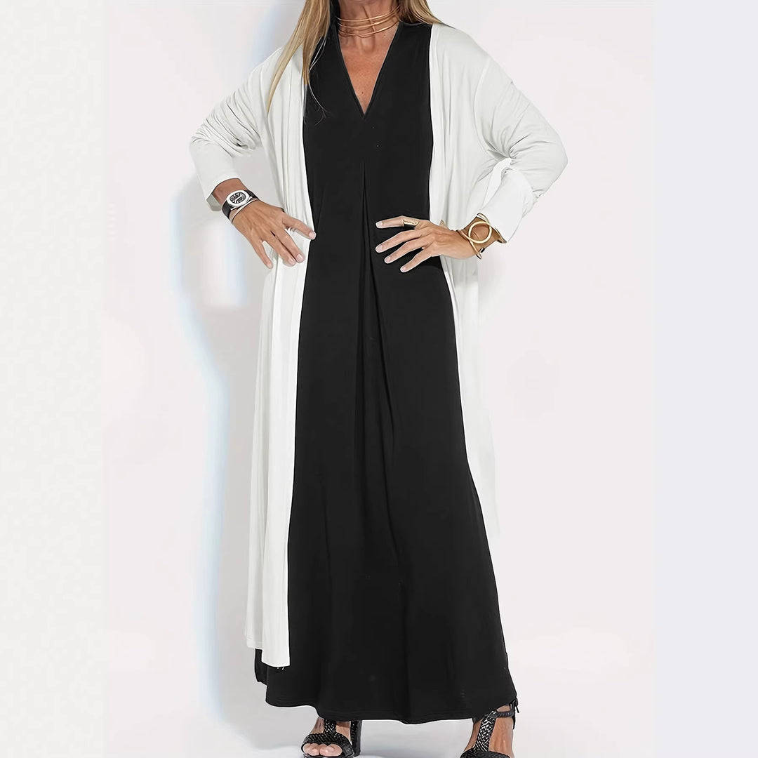 Damen Langer Offener Jersey-Cardigan mit Eingrifftaschen und fließender Drapierung Drune
