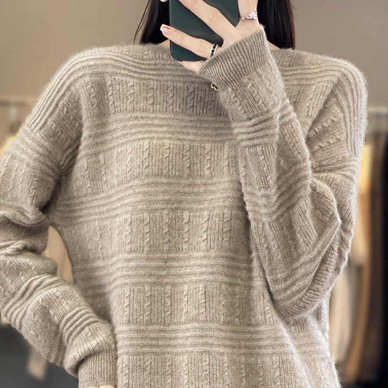 Damen Oversize-Feinstrickpullover mit Strukturblöcken, Mohair‑Look und Rundhalsausschnitt Drune