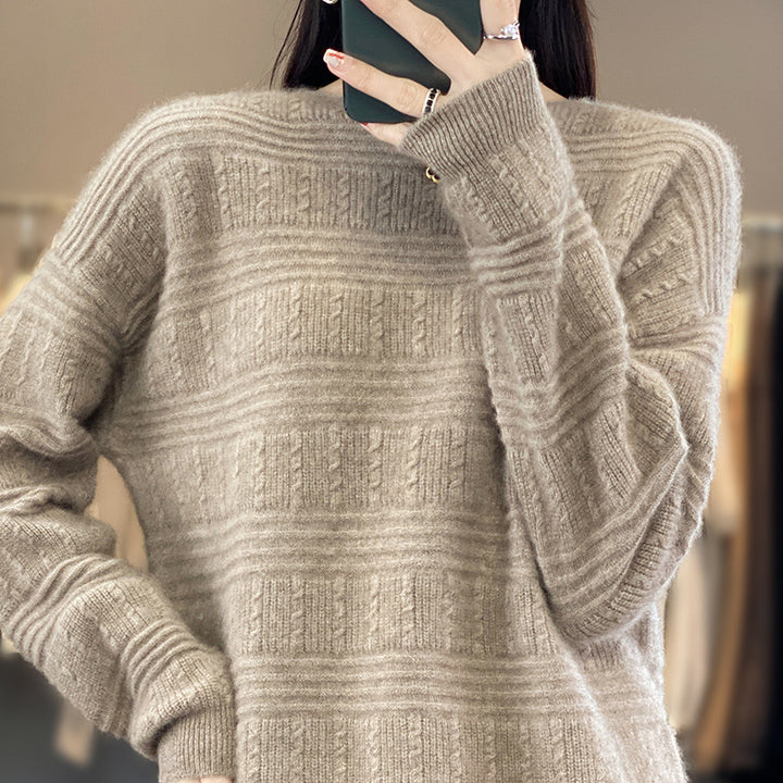 Damen Oversize-Feinstrickpullover mit Strukturblöcken, Mohair‑Look und Rundhalsausschnitt Drune