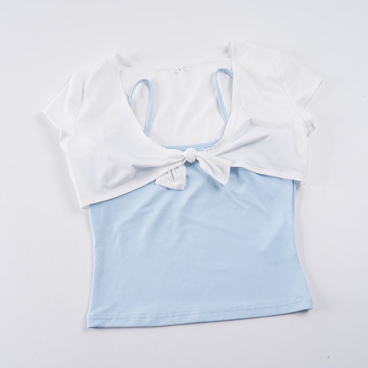 Damen lässiges Crop-Top mit verspieltem Knoten-Design und Spaghetti-Trägern Drune