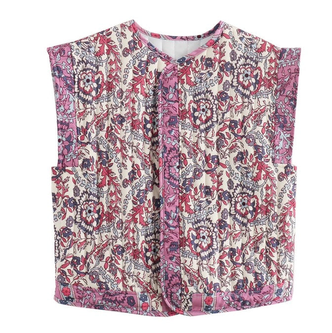 Damen Gesteppte Weste mit Floralem Design und Praktischen Taschen Drune